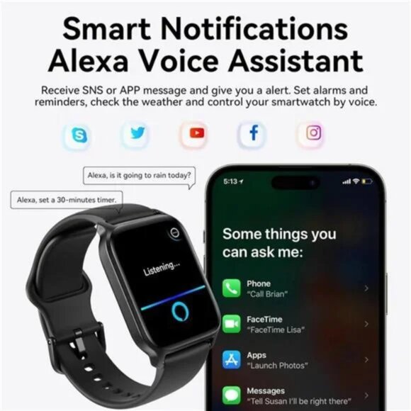 Men's Smart Watch Alexa Built-in 1.8" Touch Screen,100 Sports Modes, IP68, Black - Picture 4 of 7